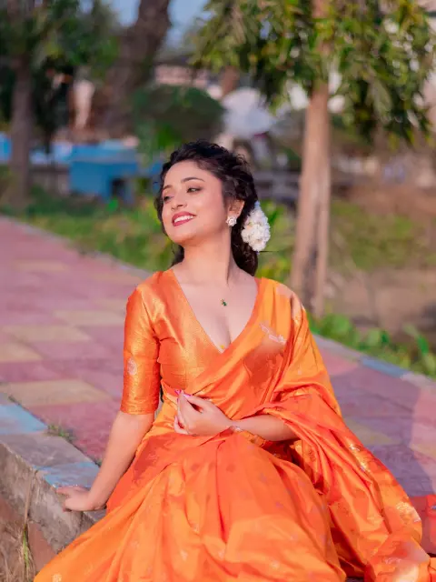 Orange Banarasi Silk Blend Saree