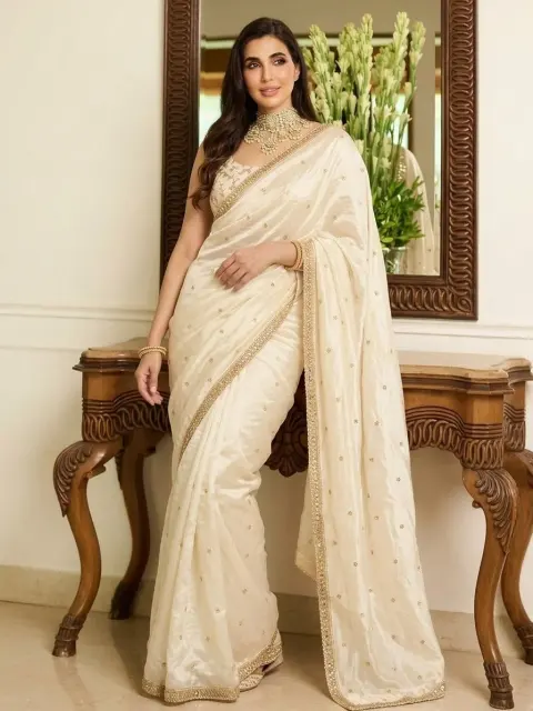 Cream Georgette Saree with Sequin Butti