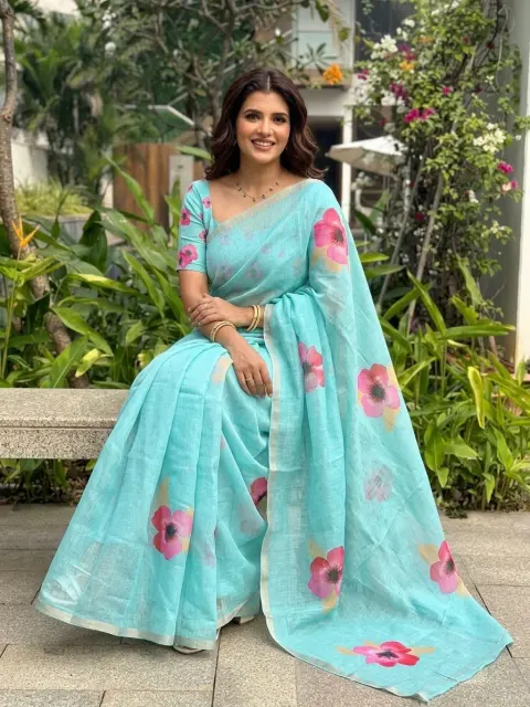 Sky Blue Cotton Linen Floral Saree