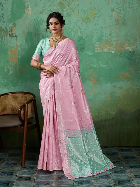 Pink Linen Cotton Saree with Mint Pallu