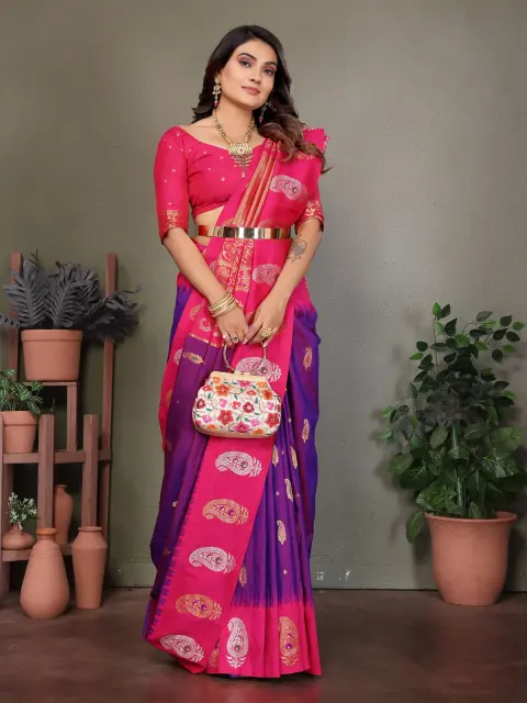 Pink Banarasi Soft Silk Saree with Purple Border