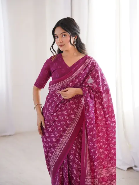 Magenta Bagru Hand-Block Cotton Saree