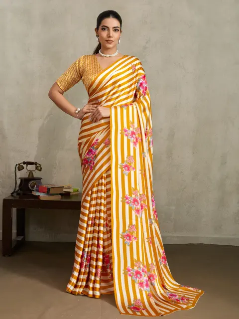 Yellow Striped Satin Saree with Floral Print