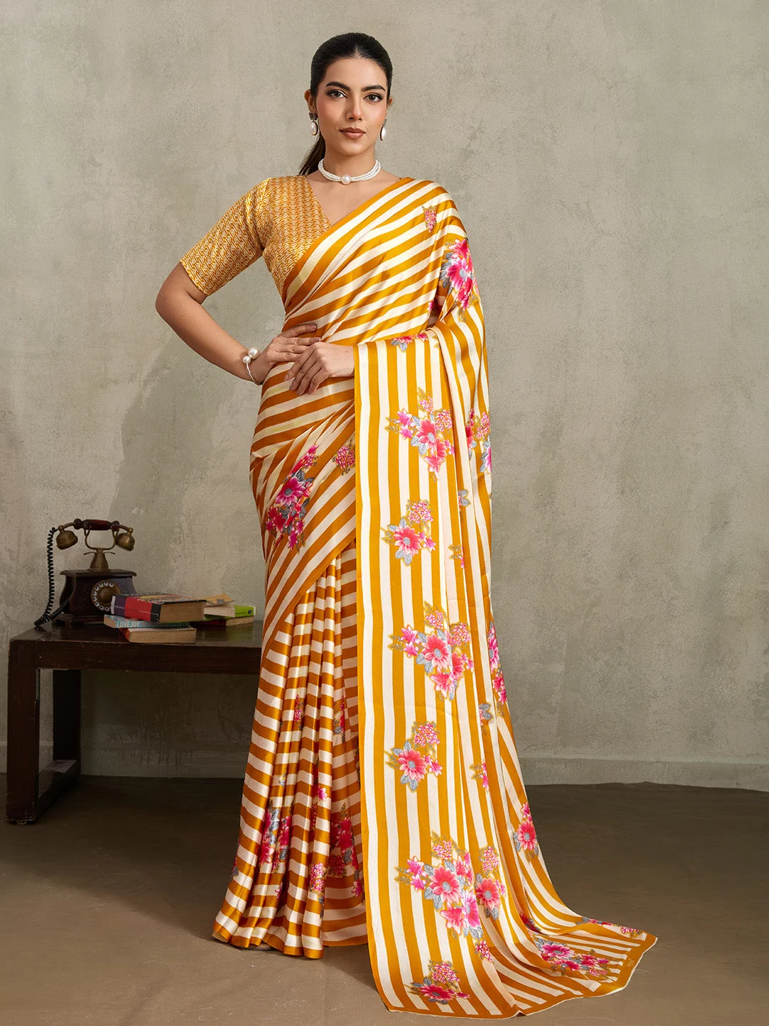 Yellow Striped Satin Saree with Floral Print