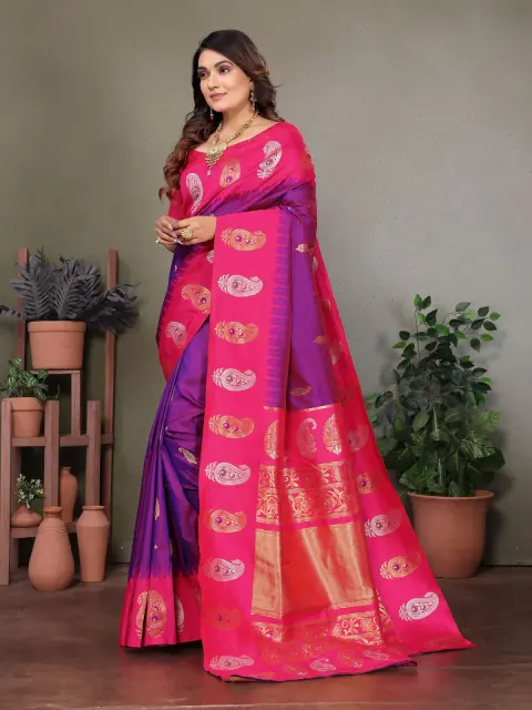 Pink Banarasi Soft Silk Saree with Purple Border