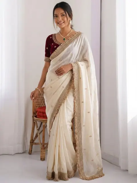 Ivory Satin Saree with Zari Embroidery