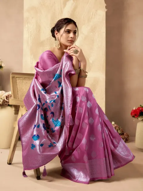 Pink Banarasi Silk Saree with Peacock Pallu