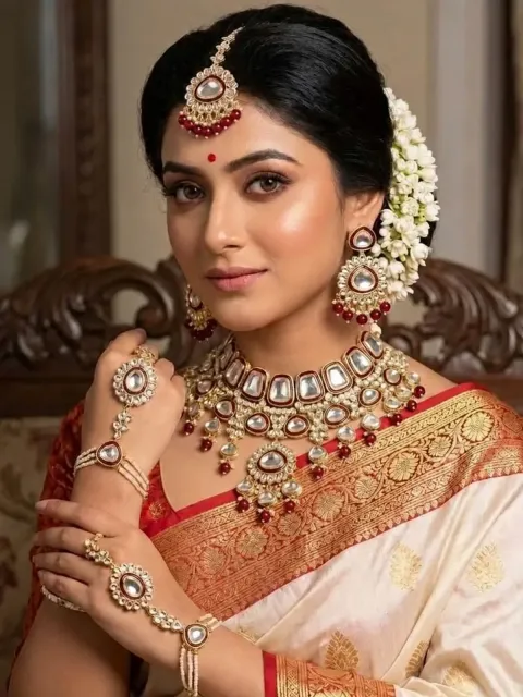 White Red Kundan Jewelry Set