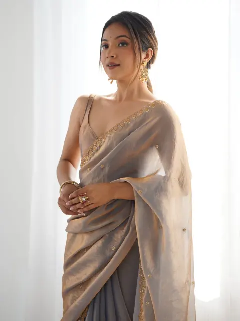 Grey Satin Saree with Sequin Work