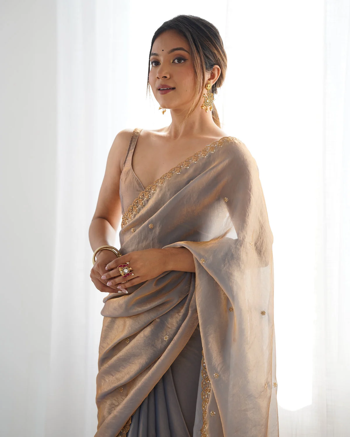Grey Satin Saree with Sequin Work