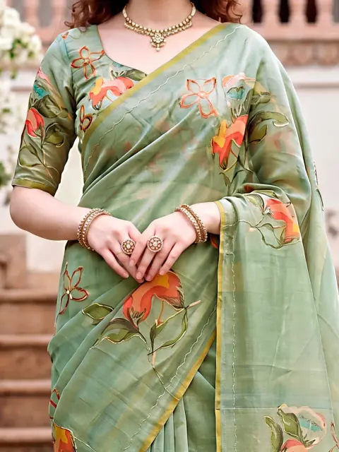 Sage Green Cotton Print Saree