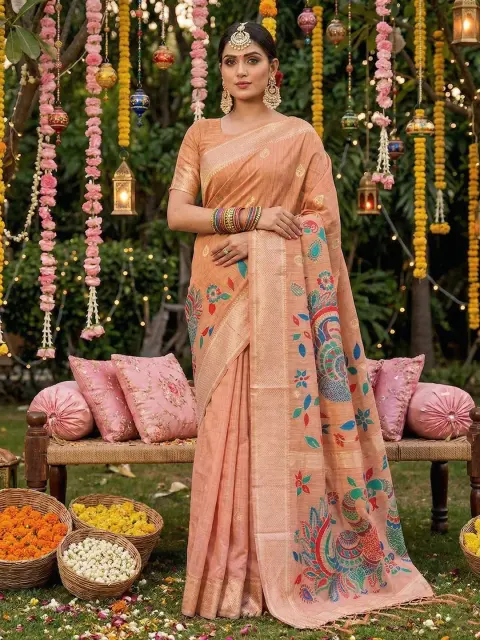 Peach Linen Cotton Saree with Peacock Pallu