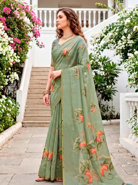 Sage Green Cotton Print Saree