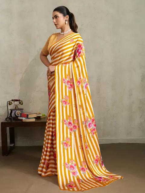 Yellow Striped Satin Saree with Floral Print