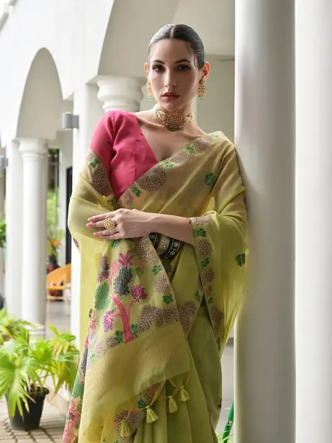 Pista Green Muga Cotton Saree