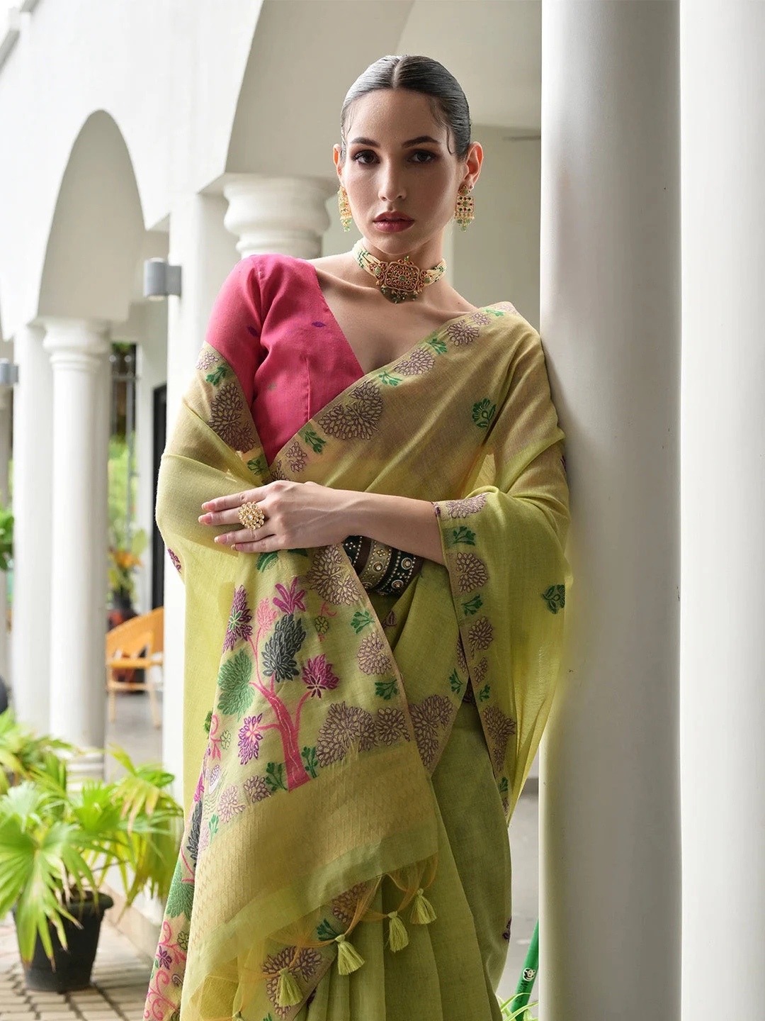 Pista Green Muga Cotton Saree