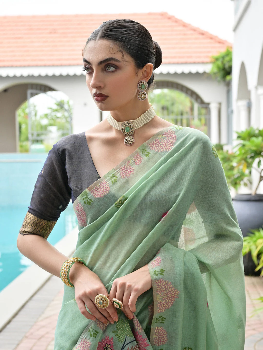 Sea Green Muga Cotton Saree