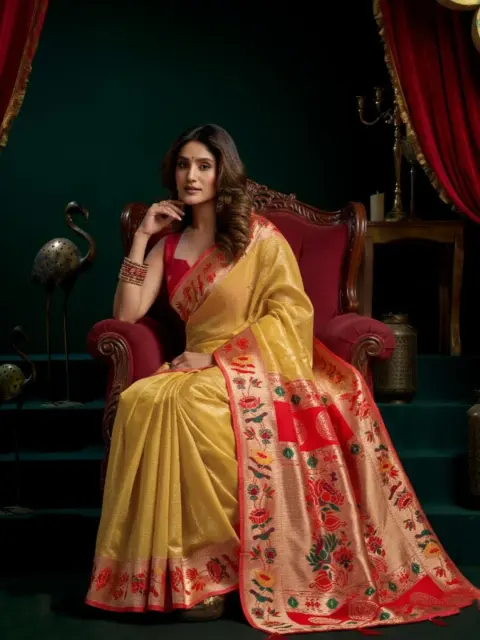 Lemon Yellow Tissue Paithani Saree