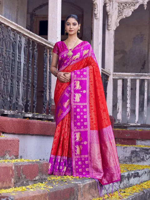 Red Soft Silk Saree with Magenta Paithani Border