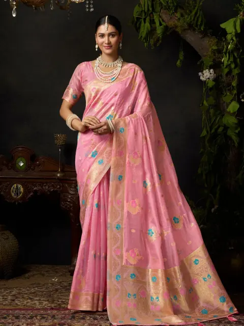 Light Pink Organza Khadi Saree