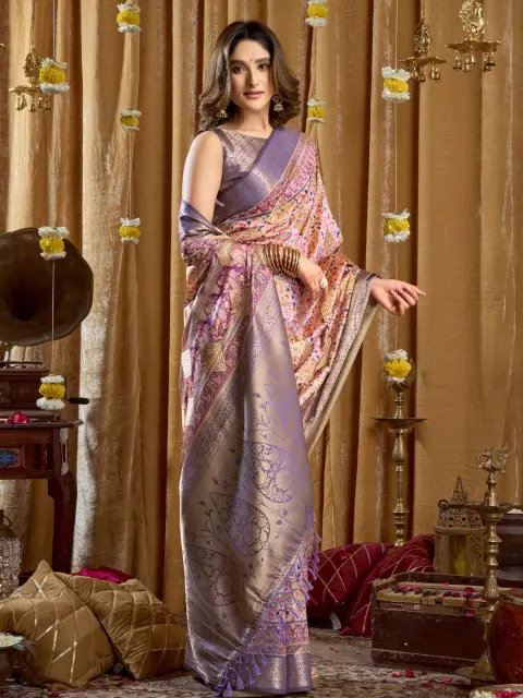 Lavender Cluster Print Saree with Banarasi Border