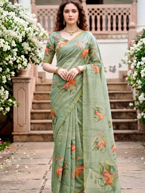 Sage Green Cotton Print Saree