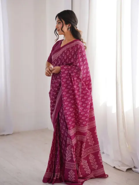 Magenta Bagru Hand-Block Cotton Saree