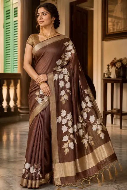 Cocoa Goldleaf Cotton Tantuj Saree