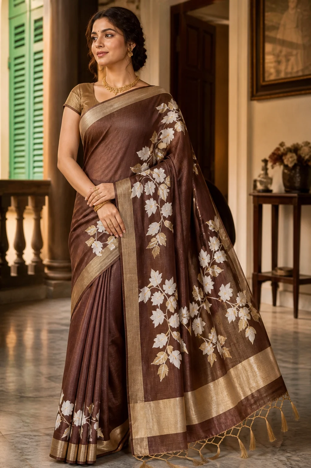 Cocoa Goldleaf Cotton Tantuj Saree