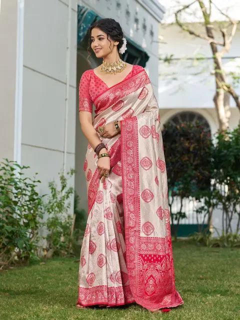 Cream Silk Blend Saree with Red Motifs