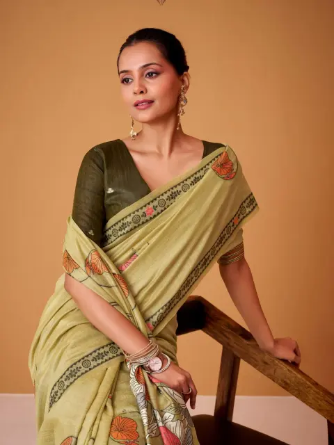 Olive Green Jamdani Cotton Saree