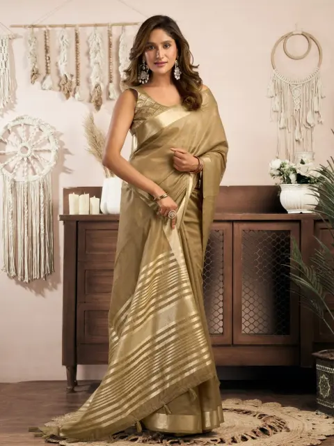 Khaki Khadi Cotton Saree with Zari Border