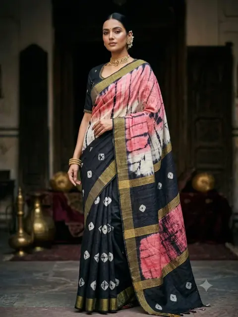 Black Pink Patchwork Saree