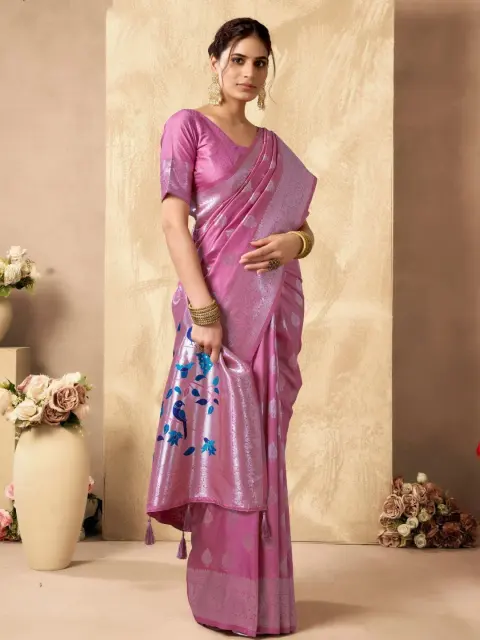 Pink Banarasi Silk Saree with Peacock Pallu