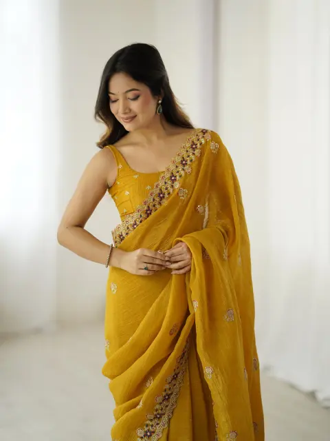 Mustard Chiffon Saree with Sequin Work