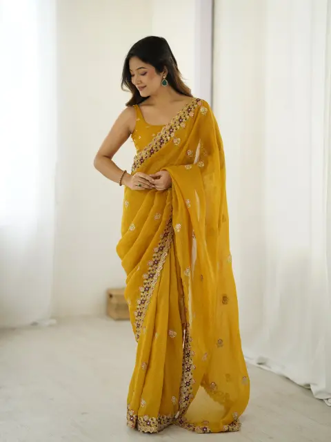 Mustard Chiffon Saree with Sequin Work