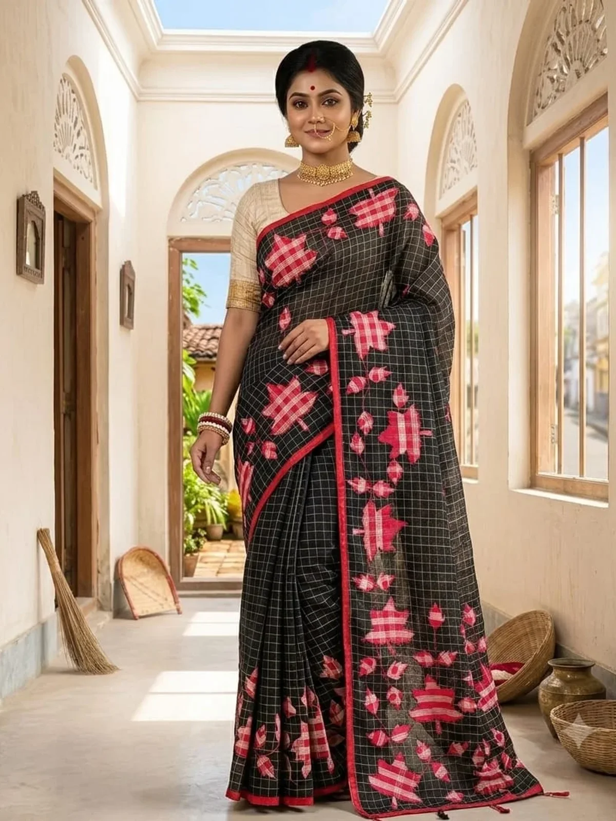 Black Red Floral Saree