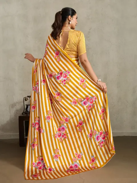 Yellow Striped Satin Saree with Floral Print