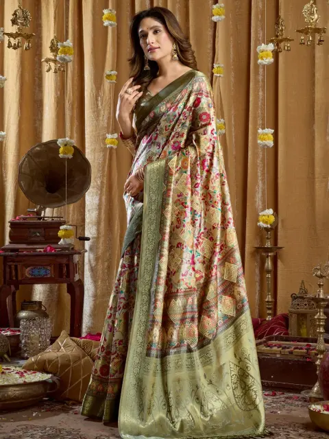 Pista Green Cluster Print Saree with Banarasi Border