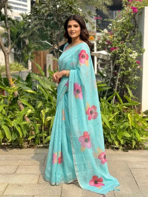 Sky Blue Cotton Linen Floral Saree