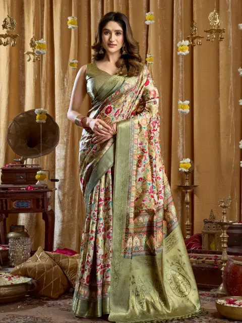 Pista Green Cluster Print Saree with Banarasi Border