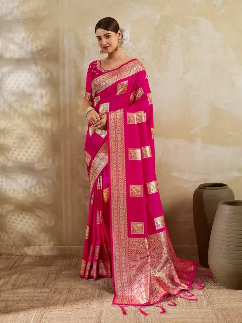 Rani Pink Silk Blend Saree with Zari Butti