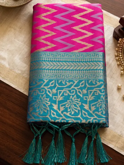 Rani Pink Silk Saree with Teal Border