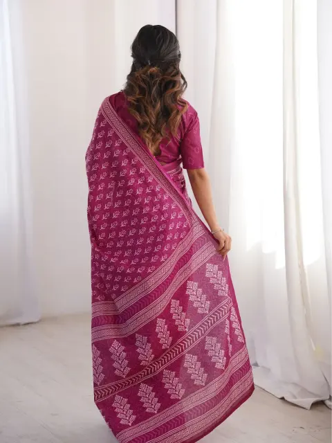 Magenta Bagru Hand-Block Cotton Saree