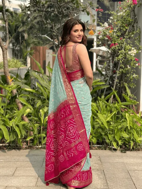 Mint Green Bandhani Georgette Saree