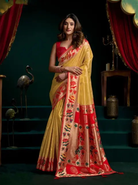Lemon Yellow Tissue Paithani Saree