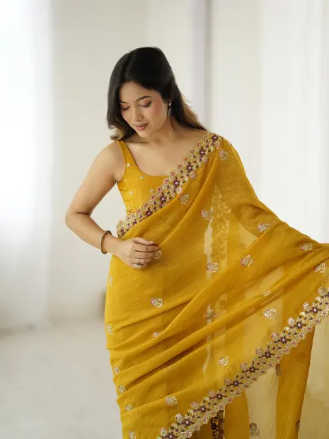 Mustard Chiffon Saree with Sequin Work