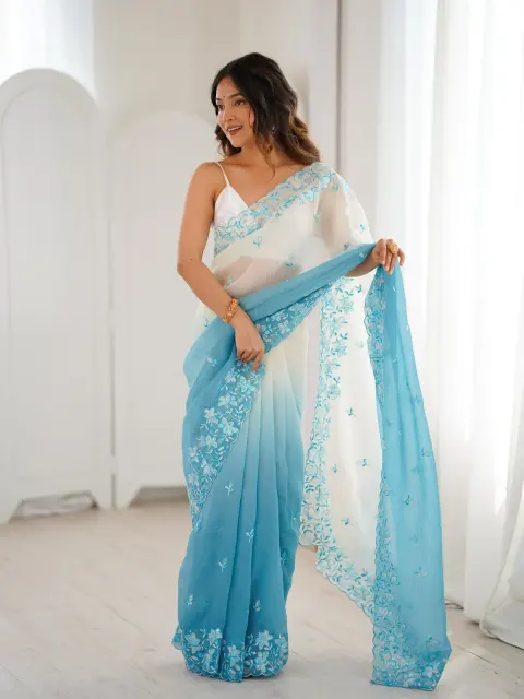 Blue Ombre Sequin Embroidered Saree