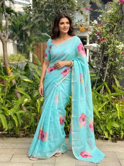 Sky Blue Cotton Linen Floral Saree