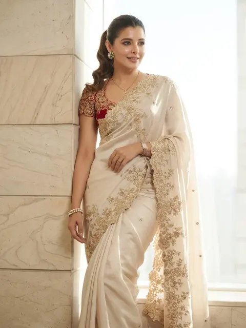 Ivory Embroidered Party Saree